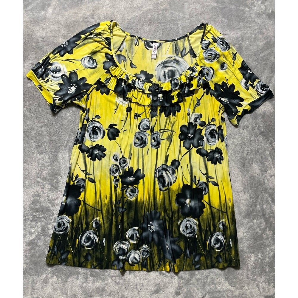 Gitano Floral Blouse Short Sleeved Ruffled Neckline Womens 18/20W Yellow & Black